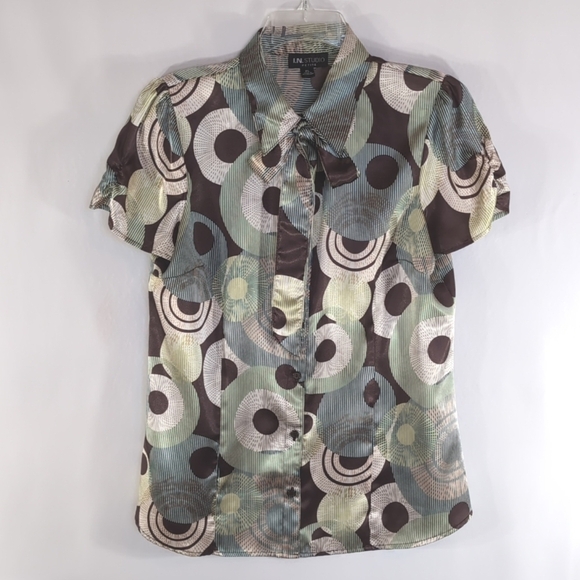 I.N. Studio Brown Blue Green Short Sleeve Neck Tie Blouse Size LP - Picture 1 of 9